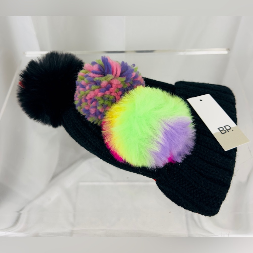 BP by Nordstrom- Black Knit Beanie with 3 interchangeable Faux Fur Pom’s O/S NWT